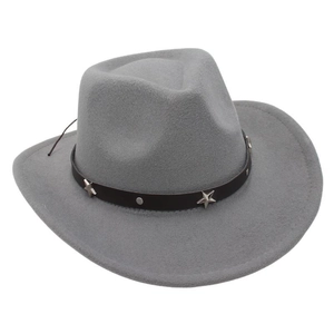 Close-up of gray felt cowboy hat featuring black leather band with silver star studs