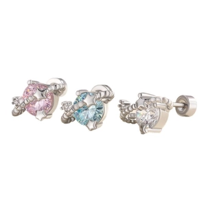 Tre orecchini a lobo a forma di pianeta in rosa, blu e bianco con pietre di zircone brillanti