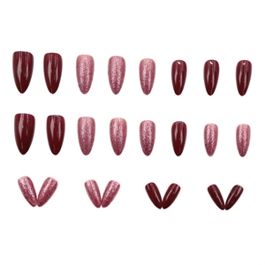 Almond dark red wine and fine glitter powder press-on nails set with 24 pieces