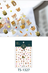 Macro detail of 3D embossed cartoon bear nail stickers with TS-1327 carrot and star motifs