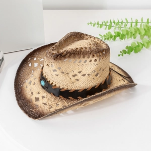 Hollow straw cowboy hat with turquoise leather band and brown gradient brim for women