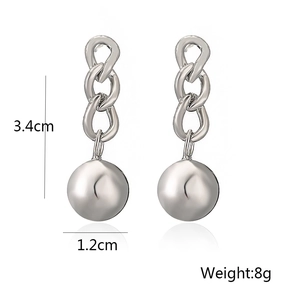 Detail view of silver chain drop earrings showing 3.4cm height and 1.2cm ball width