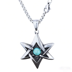 Vintage stainless steel viking hexagram pendant with blue turquoise stone for men and women