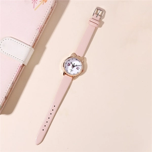 Cute cat-ear quartz watch with pink leather strap and kitten face dial for young girls