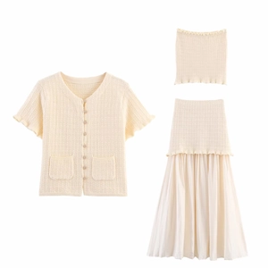 Women Knitted Cardigan Tube Top And Patchwork Pleated Midi Skirt Ribbed Solid Color Streetwear Casual Top And Bottom Pieces
