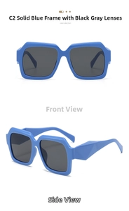 Detail of royal blue square sunglasses frame with unique geometric cut temple design