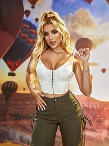 Women White Jacquard Corset Top Hook And Eye Closure Fishbone Bustier Camisole Slim Fit Retro Sexy Y2K Summer Tank Top