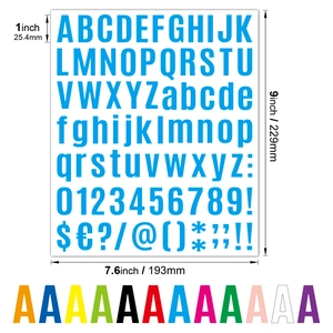 Blue colorful alphabet and number stickers set with precise dimension markings in mm and inch