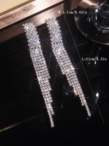 Detailed size view of silver rhinestone tassel earrings showing length 11cm and width 1.1cm