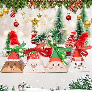 Christmas pyramid gift boxes with reindeer, Santa, elf, and snowman cartoon designs