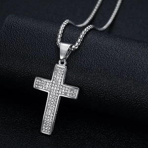 Hip hop iced out cross pendant necklace with rhinestones on silver titanium steel box chain