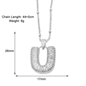 Detailed dimensions of silver letter U necklace with sparkling white zircons