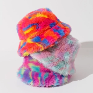 Rainbow Tie Dye Faux Fur Bucket Hat Plush Winter Warm Windproof Fashion Outdoor Headwear For Women