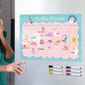 Acrylic magnetic weekly planner on fridge with six colorful dry erase markers