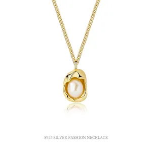S925 Sterling Silver Artificial Pearl Necklace For Women Irregular Organic Lava Pendant Choker French Minimalist Light Luxury Jewelry Gift