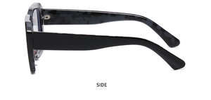Detail view of stylish black square sunglasses featuring a unique wavy temple design