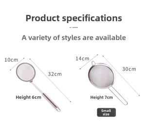 Detail showing two sizes of stainless steel fine mesh strainers with long handles