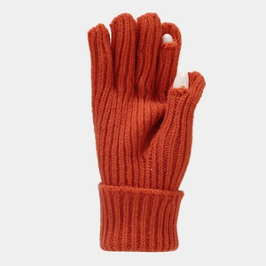Detail of caramel orange knit gloves with thumb and index finger touch screen openings