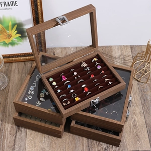 Wooden Jewelry Box Organizer Glass Lid Velvet Lining For Rings Earrings Necklaces Vintage Walnut Color Storage Case