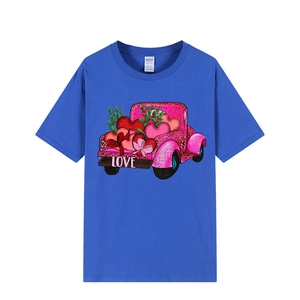 Blue cotton T-shirt featuring a heart-shaped leopard truck print and LOVE graphic lettering