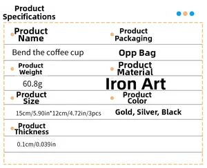 Detailed spec sheet for 3pcs iron bend coffee cup wall art with dimensions and material