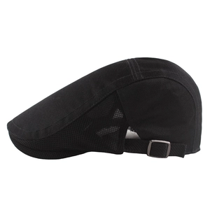 Adjustable black mesh newsboy cap with breathable panels for summer sun protection