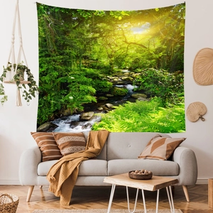 Detail of forest landscape wall tapestry showing sunlight and stream in a modern living room