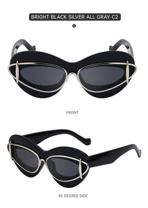 Close-up of cat-eye sunglasses featuring bright black frame with silver metal line accents