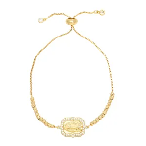 Adjustable 18K gold plated Mary pendant bracelet with sparkling zircon halo setting