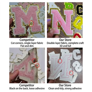 3D chenille letter patches with gold glitter border and strong adhesive backing