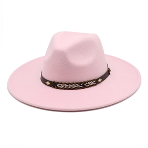 Detail of light pink wide brim fedora with brown braided band and gold diamond studs