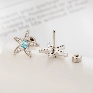 Starfish cartilage stud earrings with blue heart zircon and silver micro-set crystals