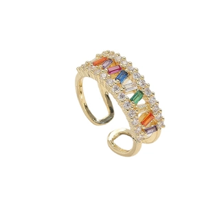 Rainbow gemstone open ring with multi-color baguette stones and 14K gold plating