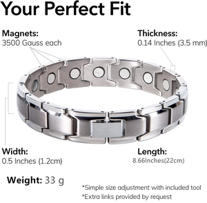 Detailed diagram of silver magnetic therapy bracelet with 3500 Gauss magnets and sizing info