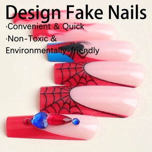 XXL long spider web French fake nails with red and blue rhinestones for Halloween
