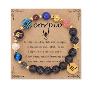 Macro shot of Scorpio beaded bracelet with black volcanic stone and zodiac charm pendant