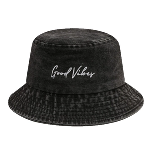 Washed dark grey denim bucket hat featuring white Good Vibes embroidery and stitching