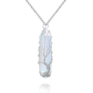 Detailed craftsmanship of wire-wrapped tree of life opalite pendant on silver chain