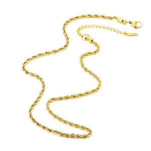 Detailed view of golden twist rope chain with lobster clasp and 18K gold hallmark tag