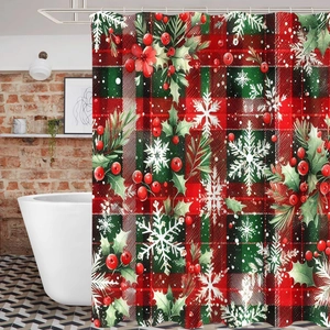 Rideau de douche de Noël à carreaux rouge et vert avec motifs de flocons et de houx