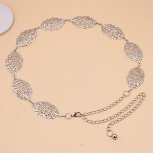 Detailed view of silver hollow leaf metal waist chain with lobster clasp and extension