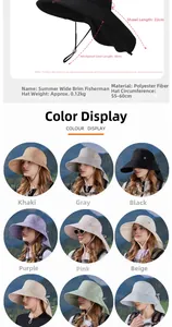 Detail of sun hat showing 22cm neck flap, adjustable wind rope, and multi-color options