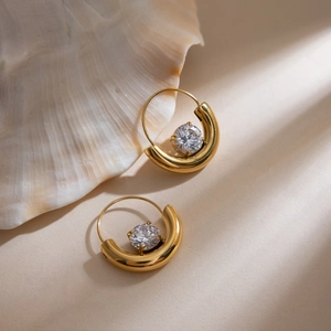 18K Gold Plated Stainless Steel Hoop Earrings For Women White Zirconia Inlaid Round U-Shaped Geometric Minimalist Stud Earrings Jewelry