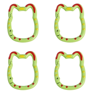 Detailed set of four mint green cartoon cat plastic snap hooks with red ear accents