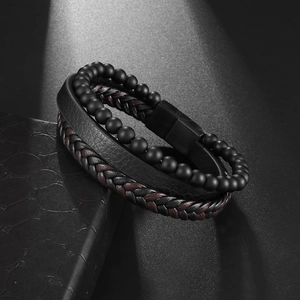 Multilayer natural lava stone and braided leather bracelet with magnetic buckle for men