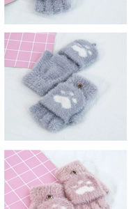 Close-up of grey and pink faux mink plush gloves with cat paw embroidery and buttons