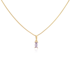Macro shot of 18K gold plated necklace featuring a rectangle purple zircon pendant