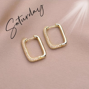 Geometric Rectangular Pavé Rhinestone Copper Hoop Earrings For Women Minimalist Fashion Daily Jewelry Gold Silver Plated Earrings