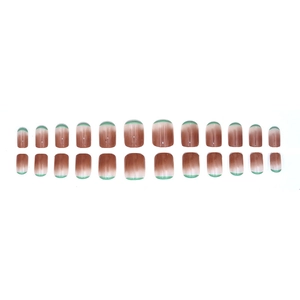 24-piece short square press-on nails with brown-white gradient and green French tips