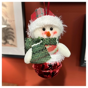 Close-up of a plush Christmas snowman hanging ornament with a red star cutout metal bell